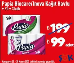 PAPİA BİOCARE/INOVA KAĞIT HAVLU 3 KATLI 8'Lİ fiyat ve kampanya bilgisi